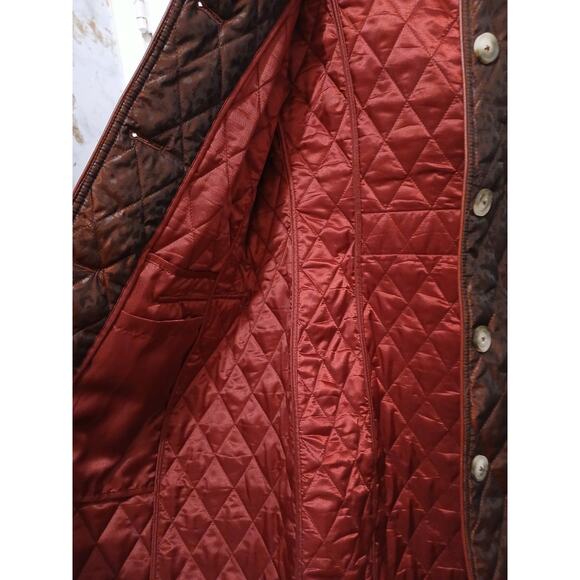 Chico’s Quilted Rain Coat Sz 2 L 12-14 Burgundy Red Animal Print Midi Shimmer - Picture 10 of 16